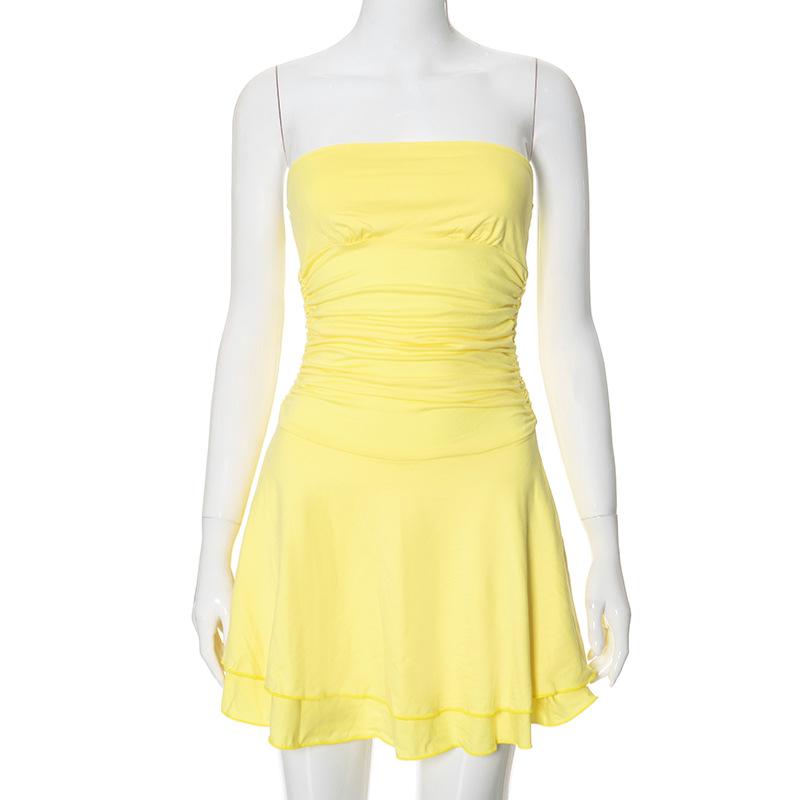 QICED Women Fashion Slim High Waist Pleated Skirt Solid Color Breast Dress