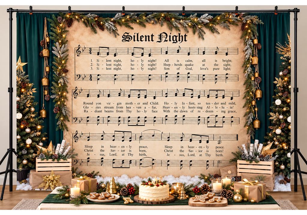 Silent Night Christmas Backdrop Vintage Sheet Music Christmas Trees Pine Garland Bells Religious Holiday Photography Background