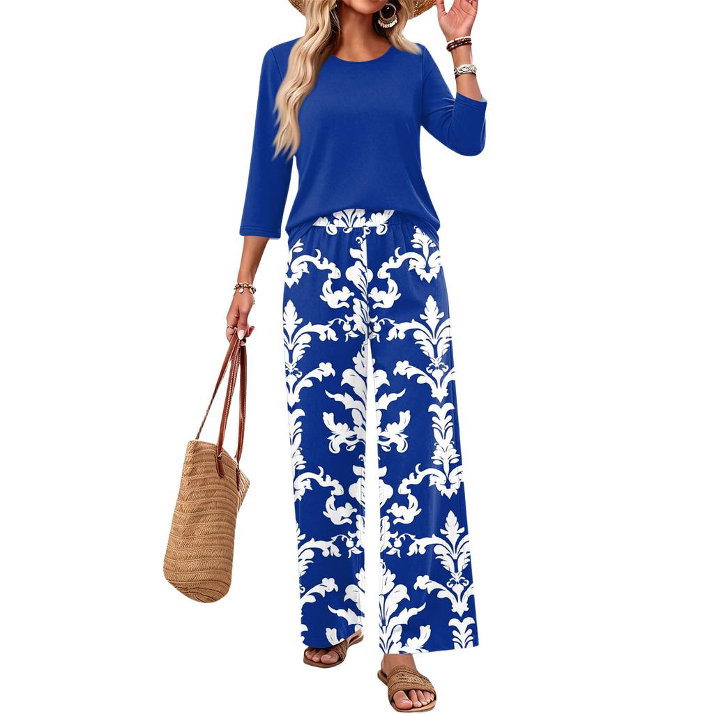 Women's Casual Loose Fit Two Piece Set Round Neck Three Quarter Sleeve Top and Wide Leg Printed Pants Lounge Outfit