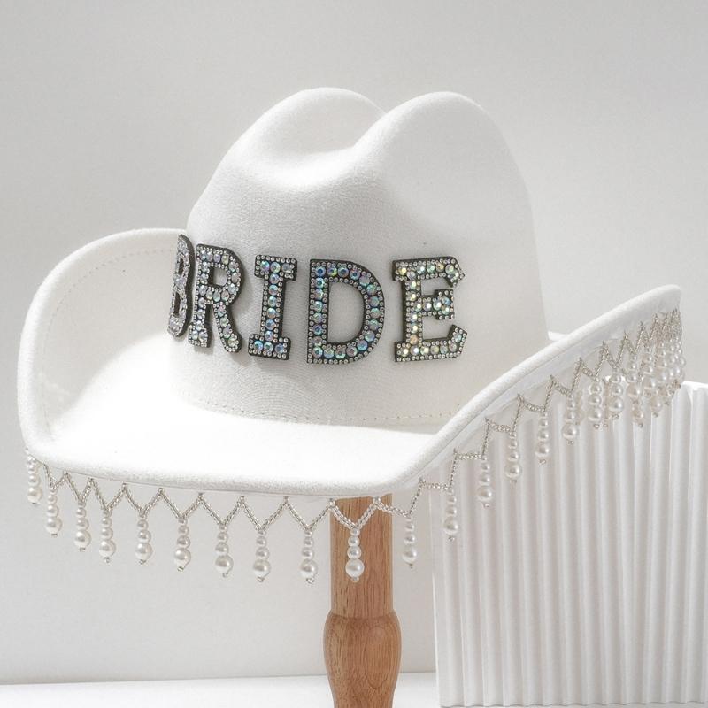 Luxurious Pearls Cowboy Hats Bride Hat Panama Hat for Bachelorette Party Cowboy Hats for Club Stage Shows