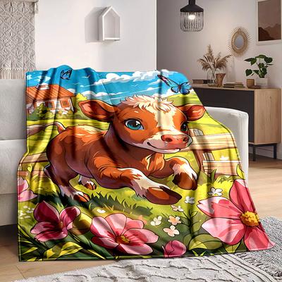 1pc Cow Print Blanket Lightweight Flannel Blanket Throw Blanket For Sofa, Bed, Travel, Camping, Livingroom, Office, Couch, Chair, And Bed Yy251015125