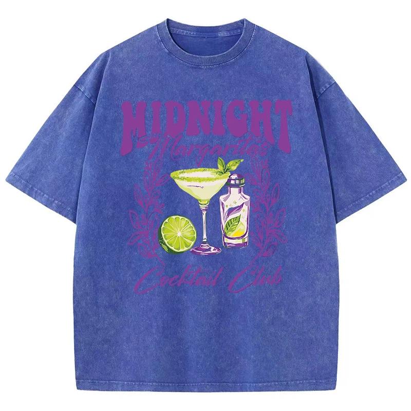 Vintage Woman Acid Wash T-Shirts Midnight Margaret Cocktail Club Prints Tops Crewneck Cotton Oversize Tee Shirts Clothes