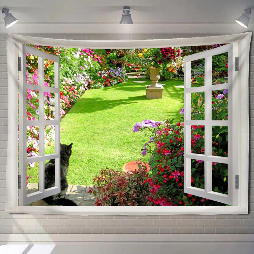 Imitation Window Forest Landscape Painting Tapestry Wall Hanging Bohemian Style Psychedelic Mandala Home Decor