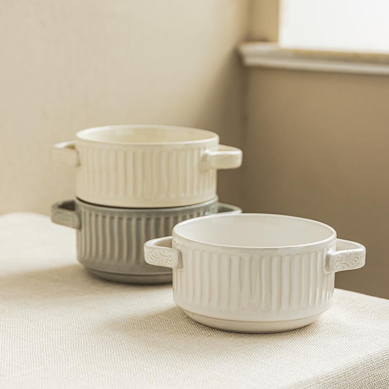 Geprägte vertikale Schüssel Keramik Binaurale Schüssel Restaurant Einfaches Geschirr Gebackene Reisschüssel Haushalts-Schüssel Anti-Verbrühungs-Handgriff-Schüssel