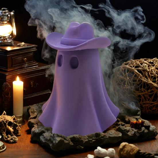 Halloween Cowboy Ghost Figurine Cute Ghost Statue Wearing Cowboy Hat Resin Tabletop Ornament for Home Living Room Bedroom Decor