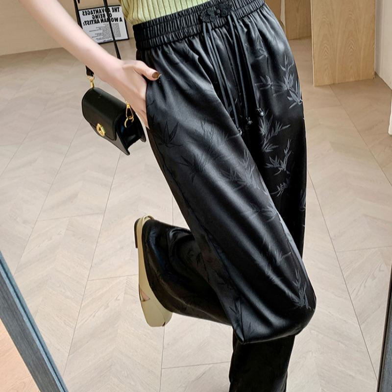 Summer Autumn Women Vintage Jacquard Flower Satin High Waist Wide Leg Pant Trouser With Pocket For Girls