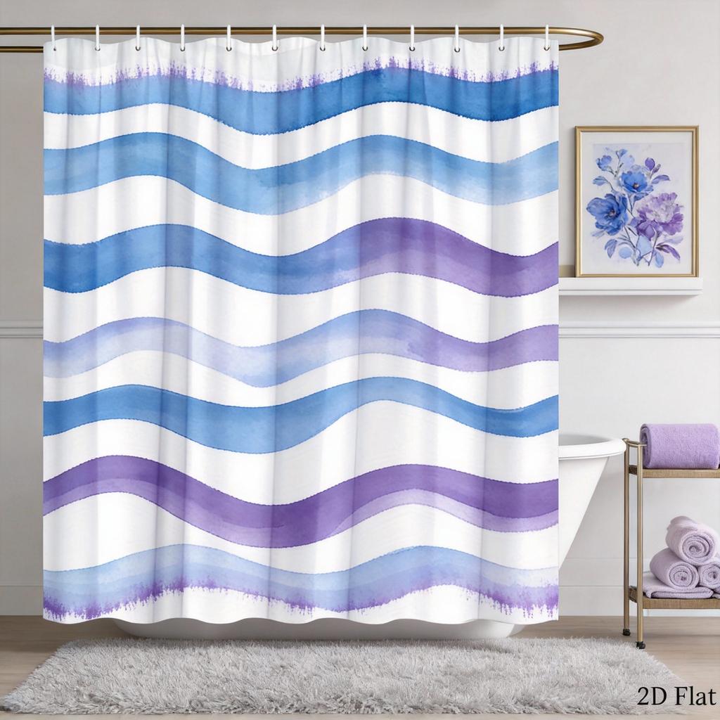 Wave Shower Curtain Teal Aqua Watercolor Stripes Polyester Bath Curtain with Hooks for Modern Minimalist Decor