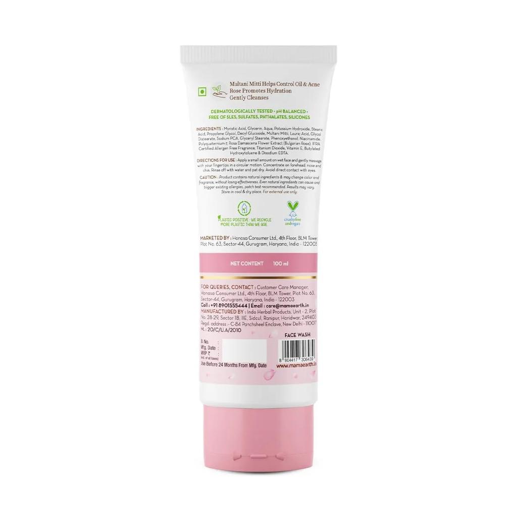 Mamaearth Multani Mitti Face Wash 100ml | Oil Control & Acne Prevention | Hydrating Bulgarian Rose | Gentle Cleanser For All Skin Types