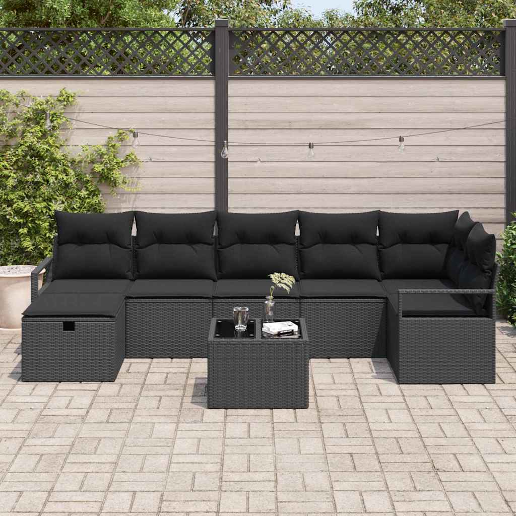 8 Piece Sofa Set with Cushions and Storage Black Poly Rattan
