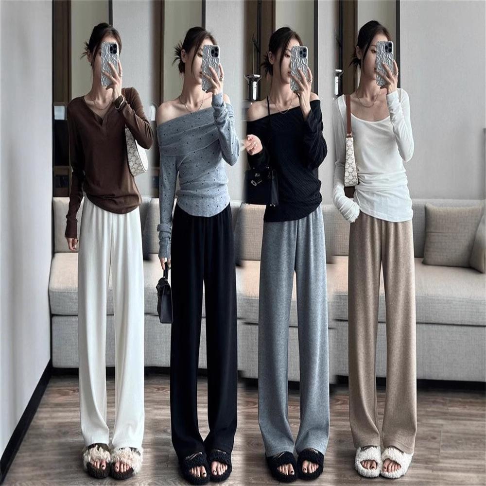 

ebenb Six-Color Velvet Ribbed Pants: Slim Fit, Thickened, Straight Leg, Knit Drape, Plus Velvet, Autumn/Winter, Floor Length Medium