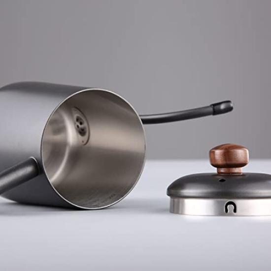 FUN COFFEE Coffee Kettle, Direct Heat, 550ml, Drip Pot, Wooden Handle, with Lid, Stainless Steel, Black (co-0024)