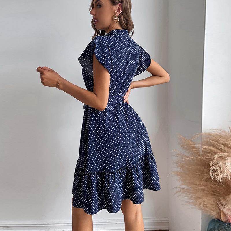Ladies Temperament Polka Dot Ruffle Sleeve Dress Summer Tie Waist Drawstring A-Line Skirt