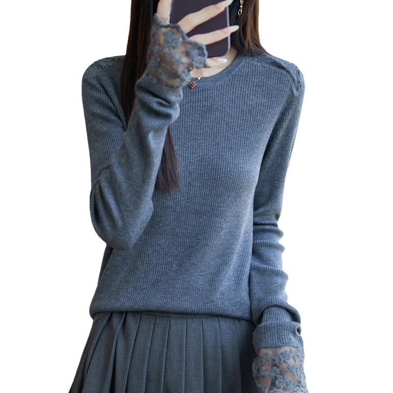 Spring and Autumn New Round-neck Knitted Sweater, Long-sleeved Women's Lace Crocheted Sweater Base Layer Top