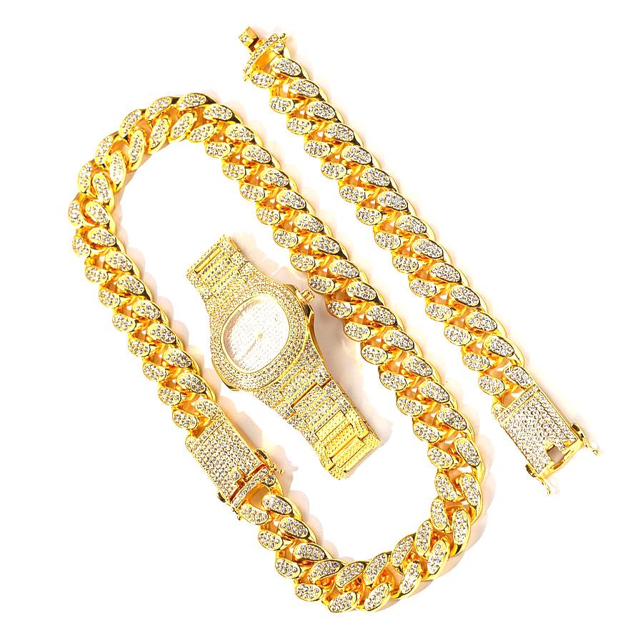 

Men s Hip Hop Jewelry Set: Diamond Watch, 20mm Cuban Necklace & Bracelet