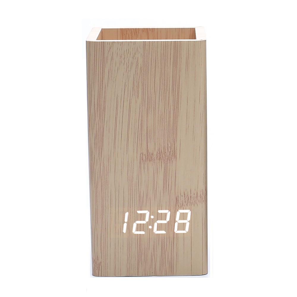 Wooden LED Clock and Pen Holder with Voice-Controlled Alarm