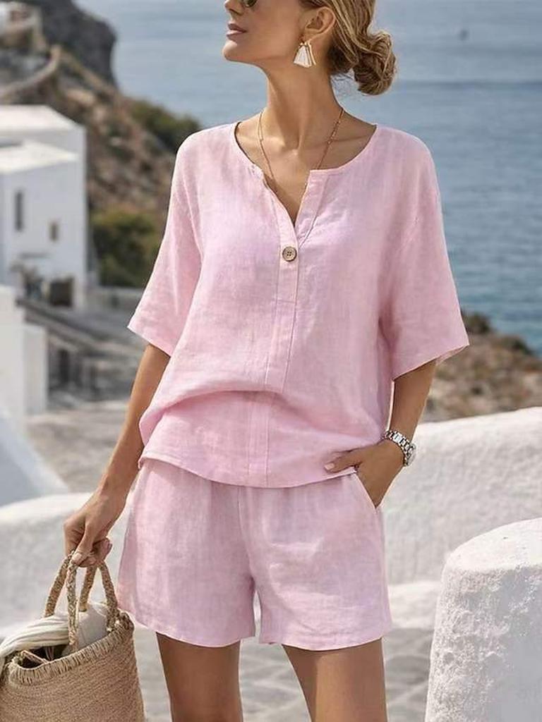 Completo estivo in cotone e lino, scollo a V ampio, manica corta, pantaloni a gamba larga, stile vacanza, completo due pezzi