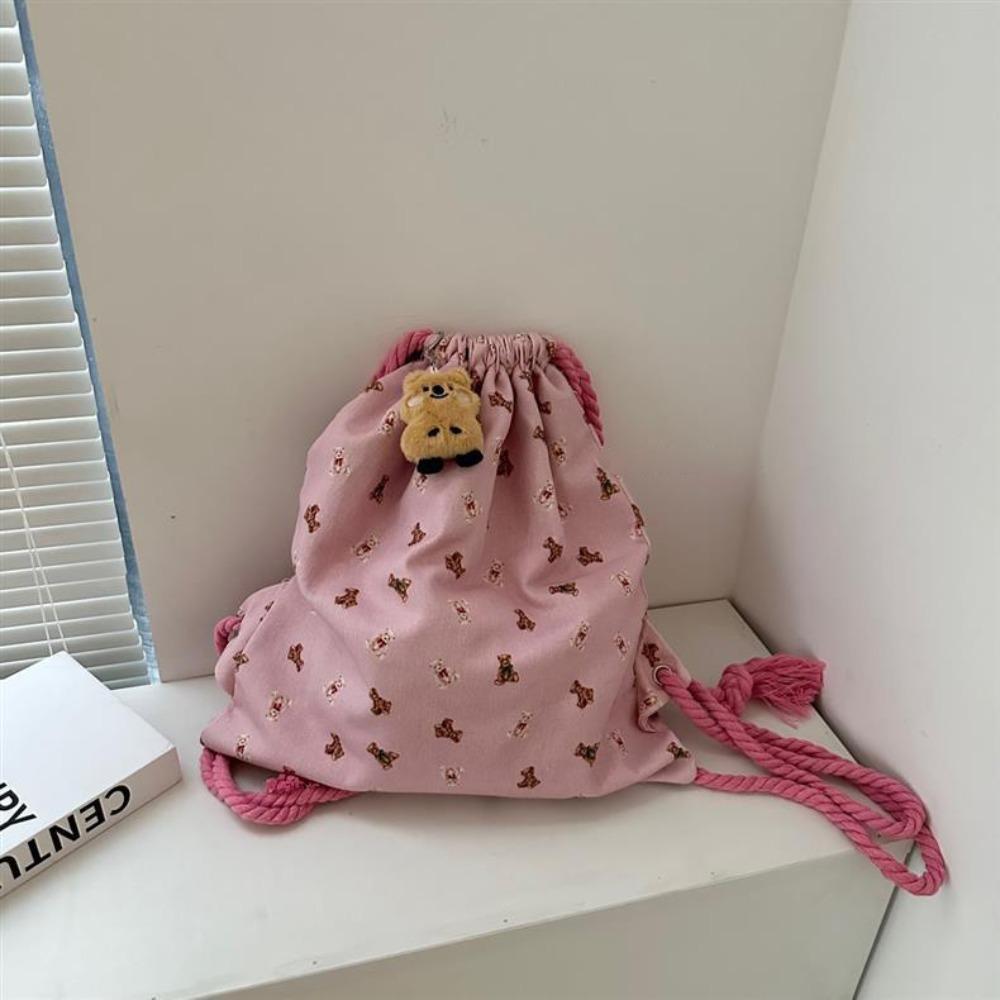 New Cute Print Little Bear Backpack Solid Color Drawstring Backpack Storage Bag