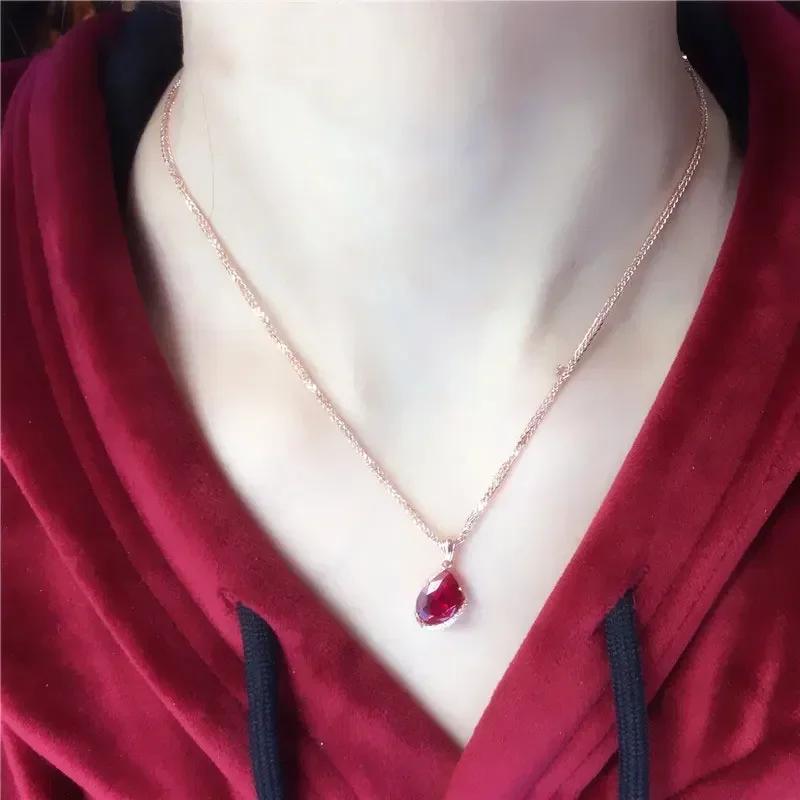 Light luxury Water drop ruby necklaces fashion Copper plated rose gold clavicle chain  for women wedding Zircon