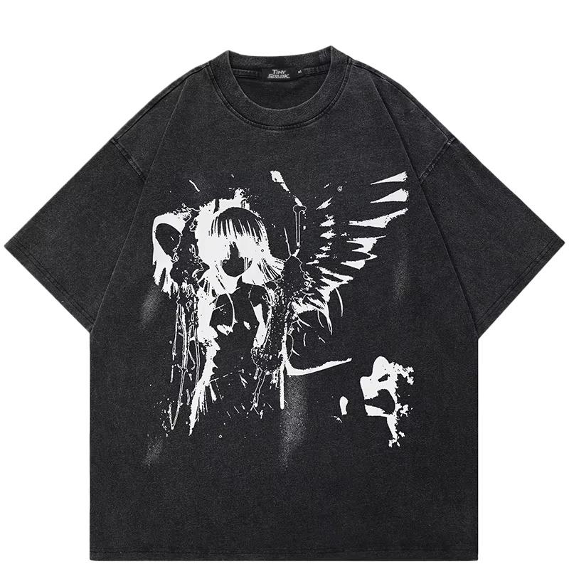 

Men Washed Black T-Shirt Harajuku Streetwear Anime Cartoon Angel Girl Graphic T Shirt Cotton Tshirt Tops Tees Unisex S