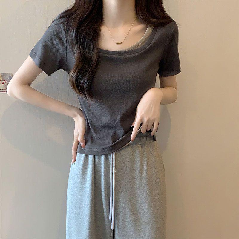 Women's Plus Size Square Neck Short Sleeve Two-Piece Look Cropped Top - Summer Slimming Chic Style