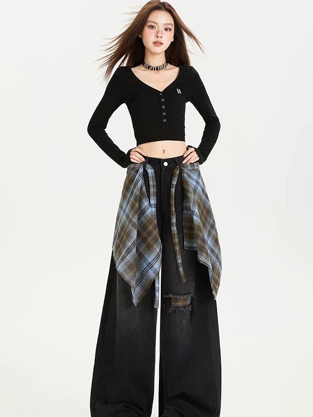 Damen High Street Retro Weitbeinjeans - Herbst 2025: Schlankmachend, Hochtailliert, Faux-Ripped, Lockere Passform.