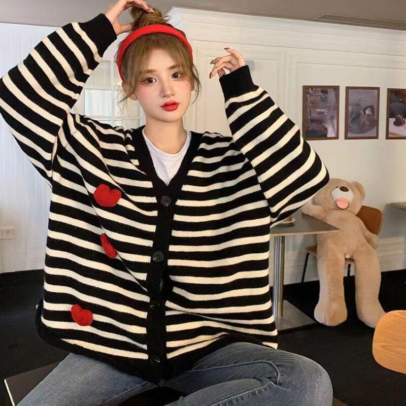 

Кардиган свитер полосатый любовный свитер пальто для женщин весна и осень 2022 casual v вырез свободный трикотаж с длинным рукавом