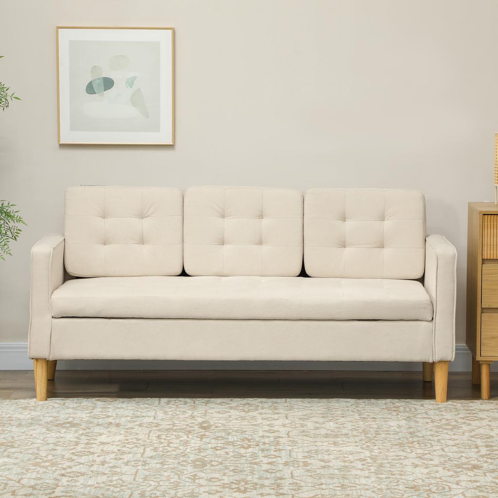 Three-Seater Sofa, Snow-White Flannel, Hidden Storage, Tufted Backrest, 166.5 X 62 X 82 Cm, Cream