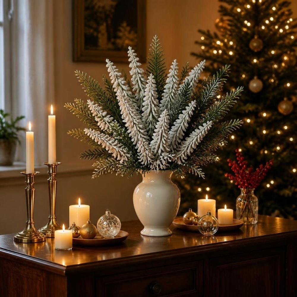10PCS Snow Flocking Fake Cypress Leaves Plastic Simulation Pine Needle  Party Supplies