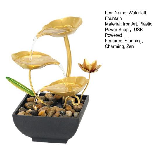 Yousheng Gold Tabletop Water Fountain 3-Tier Waterfall Fountain with Light Indoor Lotus Desktop Small Fountain with Rocks for Zen Home Office Bedroom