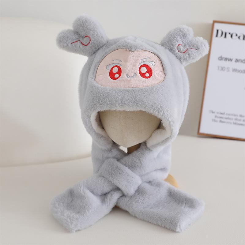 Children's Scarf and Hat All in One Festive and Cute Nezha Ear Protection Hat Warm and Thickened Plush Pullover Hat for Men and Women