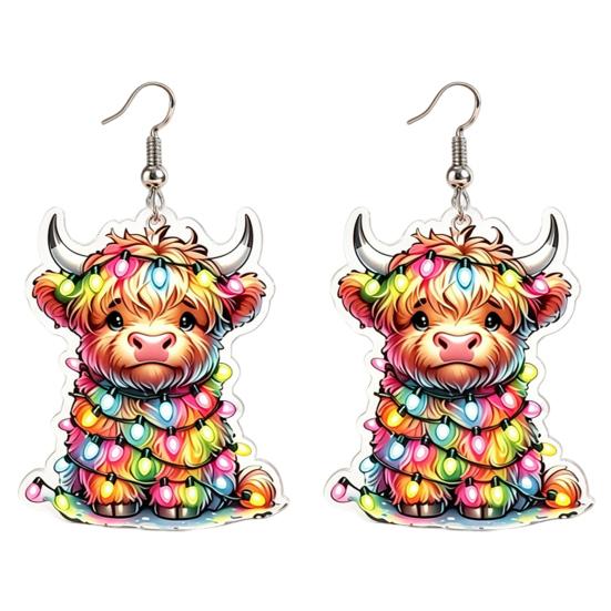Childlike Festive Style Jewelry 1 Pair Acrylic Highland Cow Christmas Earrings for Women, Cute Scottish Cattle Holiday Gift Her Dangle Drop Earrings,