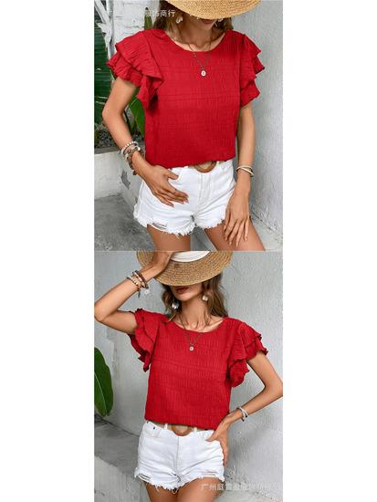Women's Summer Double-layer Ruffled Sleeve Round Neck Pullover T-shirt