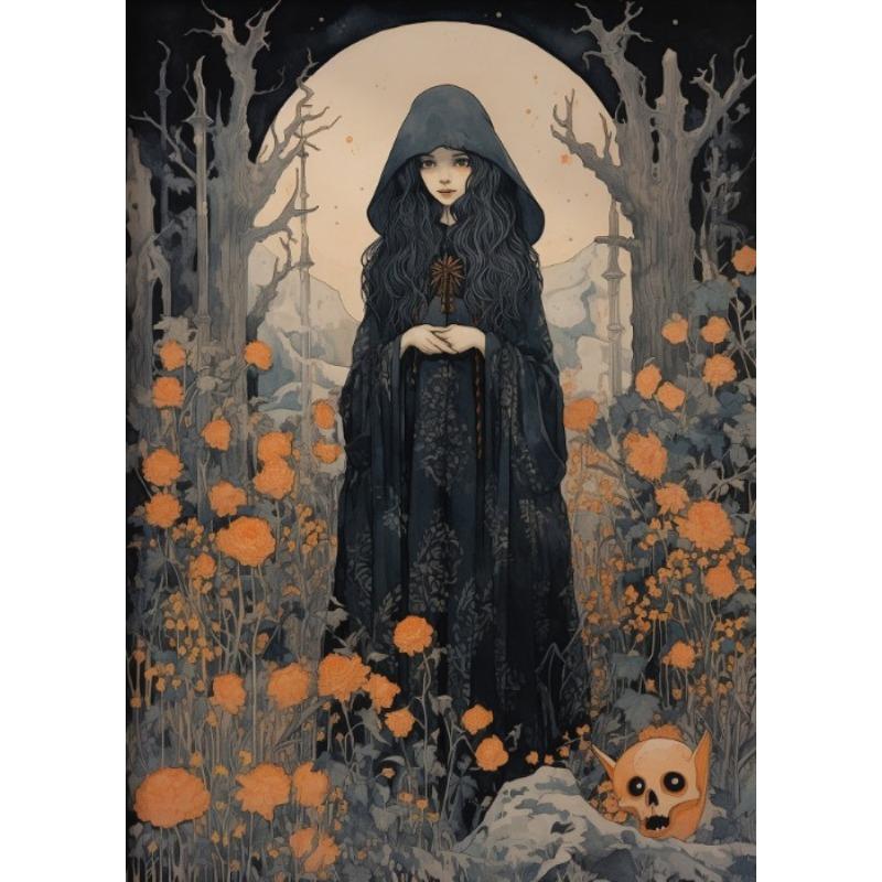 Witch Magical Art Print Witch with Full Moon Wall Decor Darkness Witches Painting Wall Decor Canvas Poster Dark Romantic Decor