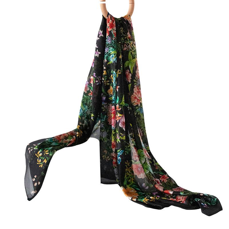

Flower Sea Dream Black New Premium Silk Double-sided Same Color Beach Silk Scarf Sunscreen Shawl