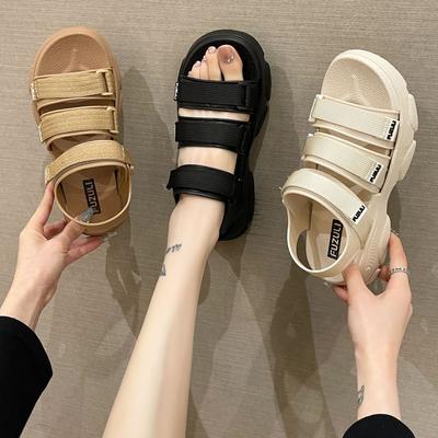 Sandals Women's Summer Wear Fashion Casual One-character Platform Sandals Student Sports Style Velcro Open-toed Sandals