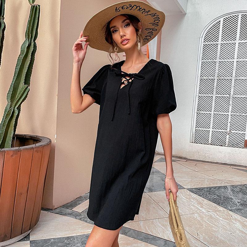 [Baizhiyi] Summer European and American solid color cotton and linen skirt casual simple retro loose black dress