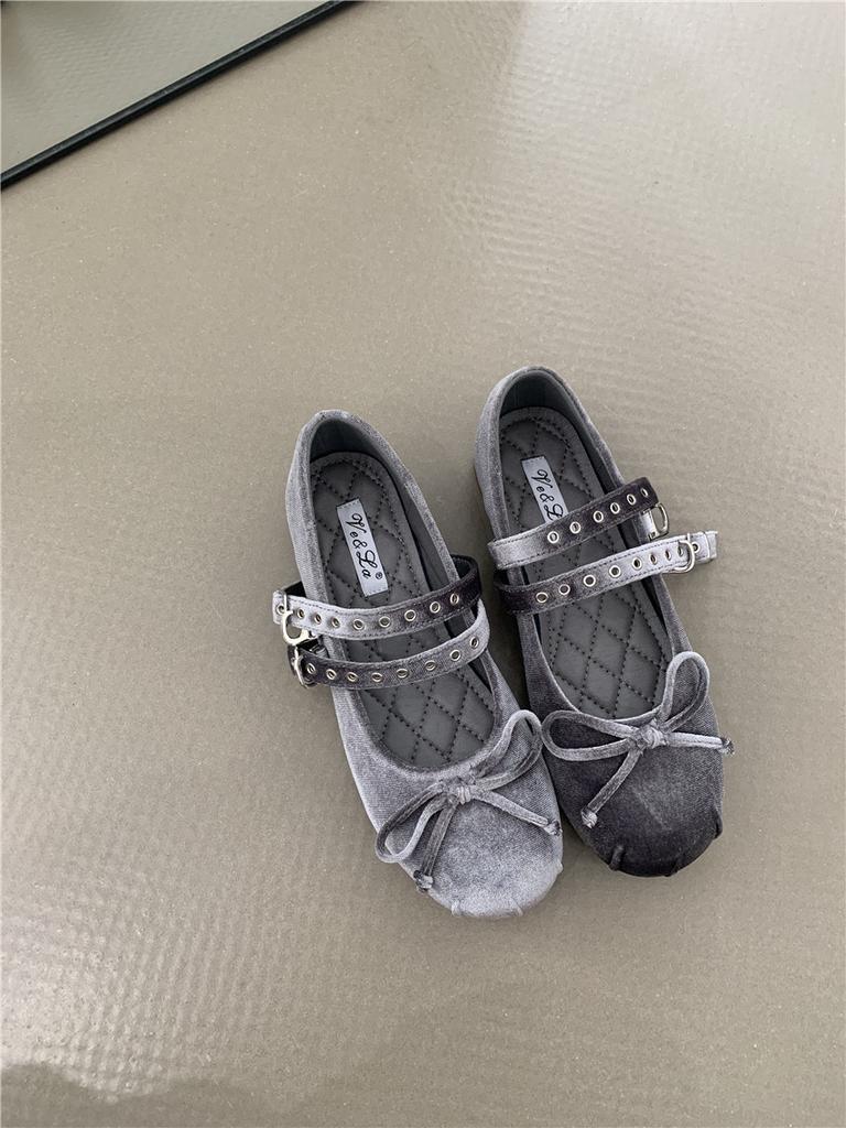 Fashion Double Rivet Buckle Strap Ballets Shoes Women Soft Velvet Flats Bowtie Mary Janes Ladies Brides Round Toe Pink Ballerinas Shoes