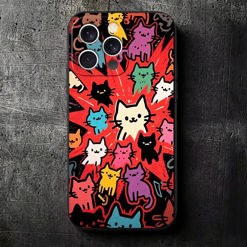 Cartoon Cute Cats Theme Soft Phone Case for iPhone 16 16E 17 Air 15 Pro Max 14 Plus 13 Mini 11 12 7 Black Cover Back Shell