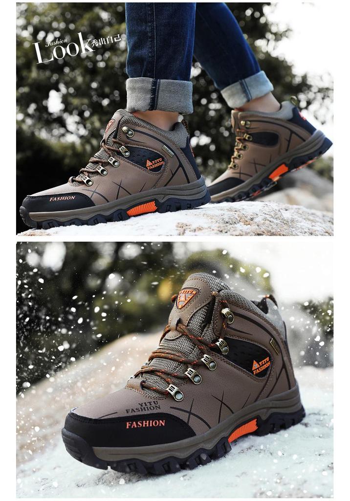 Men's High-Top Waterproof Leather Hiking Boots, Warm, Velvet-Lined, Thick-Sole, Large Size, Autumn/Winter Outdoor Off-Road Footwear.