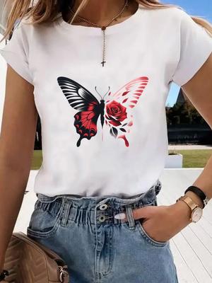 (Asian Size) Trend Butterfly Style Graphic Tee Fashion T Clothing Women's Top Print Female Casual Short Sleeve T-shirts