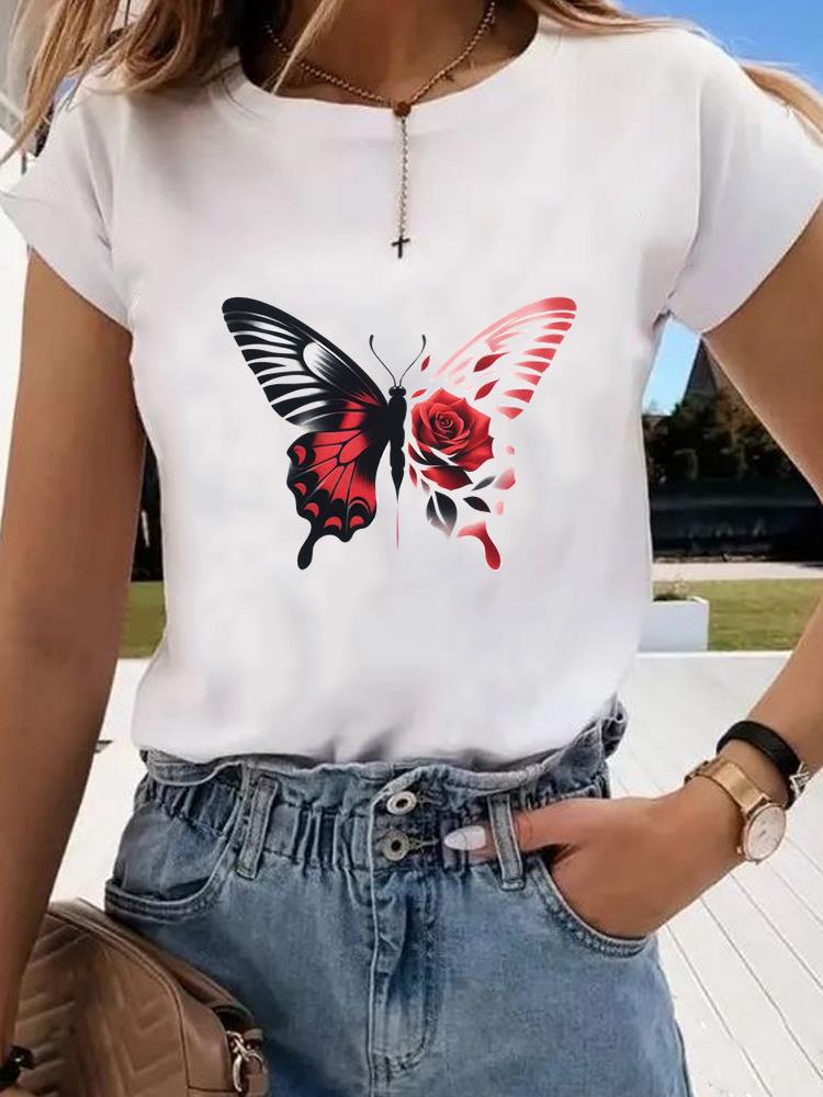 (Asian Size)  trend butterfly flower cute Graphic Tee Fashion T Clothing Women's Top  Print Female Casual  Short Sleeve T-shirts