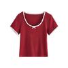 Spitzen-T-Shirt Damen Sommer Neu U-Ausschnitt Schleife Kurzarm Kontrast-Top