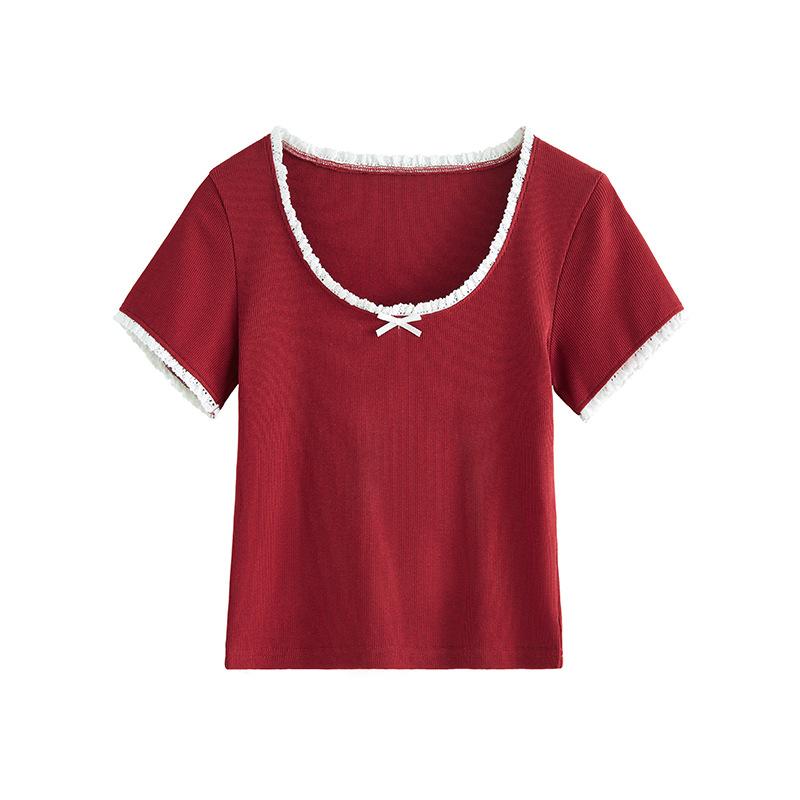 Lace T-shirt Women's Summer New U-neck Bow Short-sleeved Contrasting Top