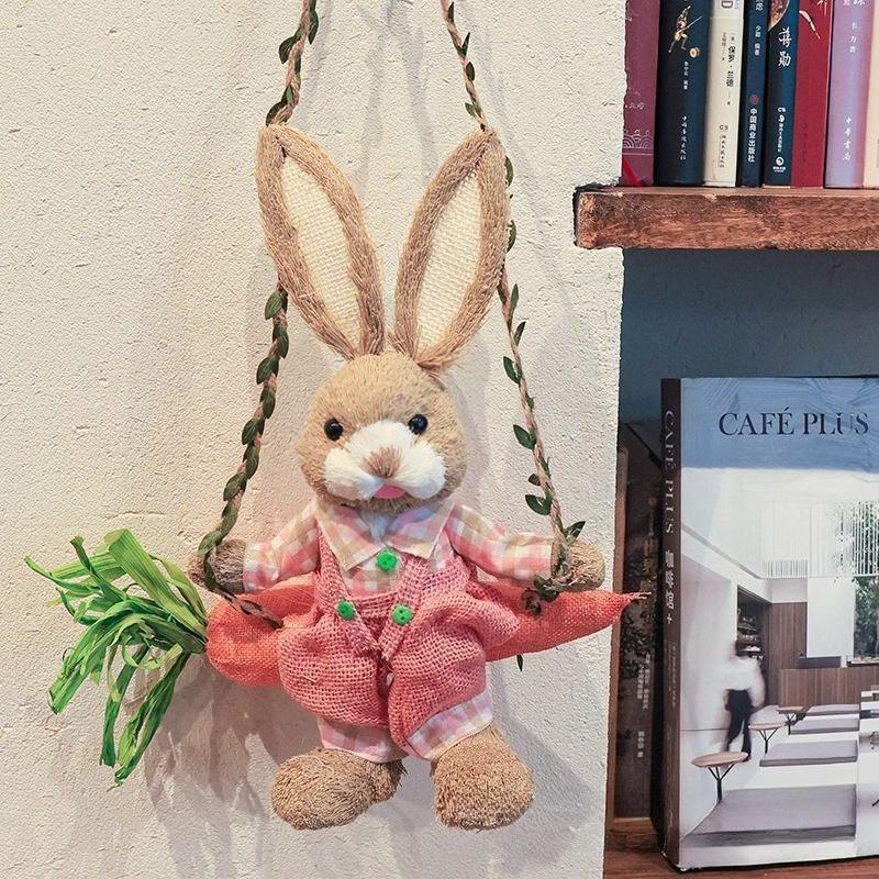 Handwoven Straw Bunny on Swing Easter Spring Home Decor Christmas Ornament Unique Gift Nursery Shelf Decor Farmhouse Crafts