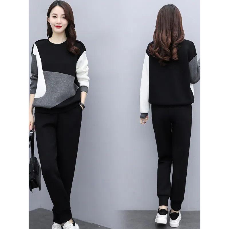 Plussstørrelse Elegant Aldersreduserende Fargeblokk Genserjakke Todelt Sett Dame Casual Sportsklær Ankomst Vår