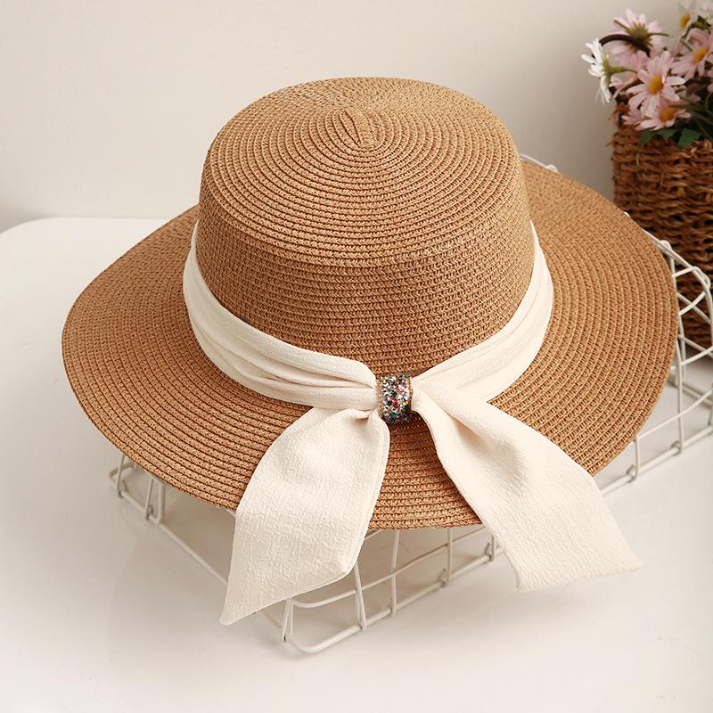 Wide Brim Flat Top Straw Hat Women's Summer Travel Fashion Bow Sunshade Sunscreen Hat Top Hat Casual Beach Sun Hat