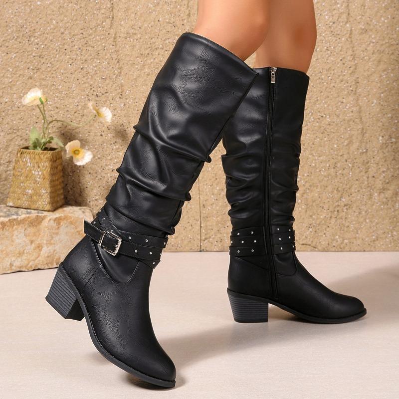 Fashion Women's Fashion Chunky Single Boots Winter Season New Pointed Head Side Zipper Rivets Non-slip High Boots