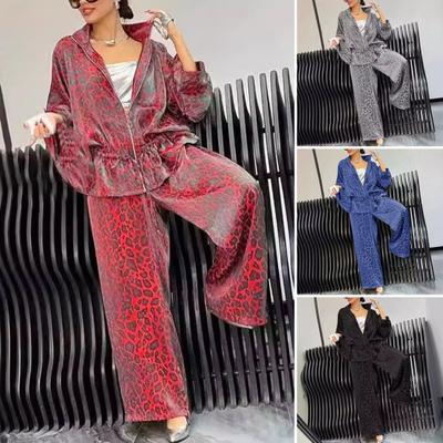 2 Pcs/Set Women Shirt Pants Set Leopard Printing Zip-up Long Sleeve Pleated Top Loose Wide Leg Trousers Commuting Workwear Outfit