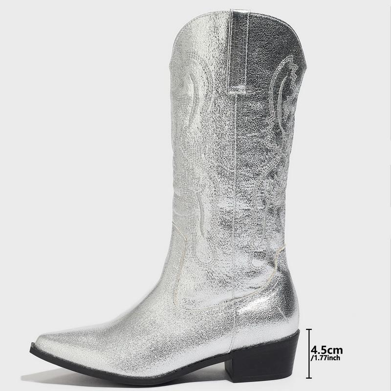 

Women Embroidered Stretch Fabric Western Boots Retro Thick Heel Slip-on Mid-calf Boots for Office Nightclub Party Banquet Pub 43 срібний