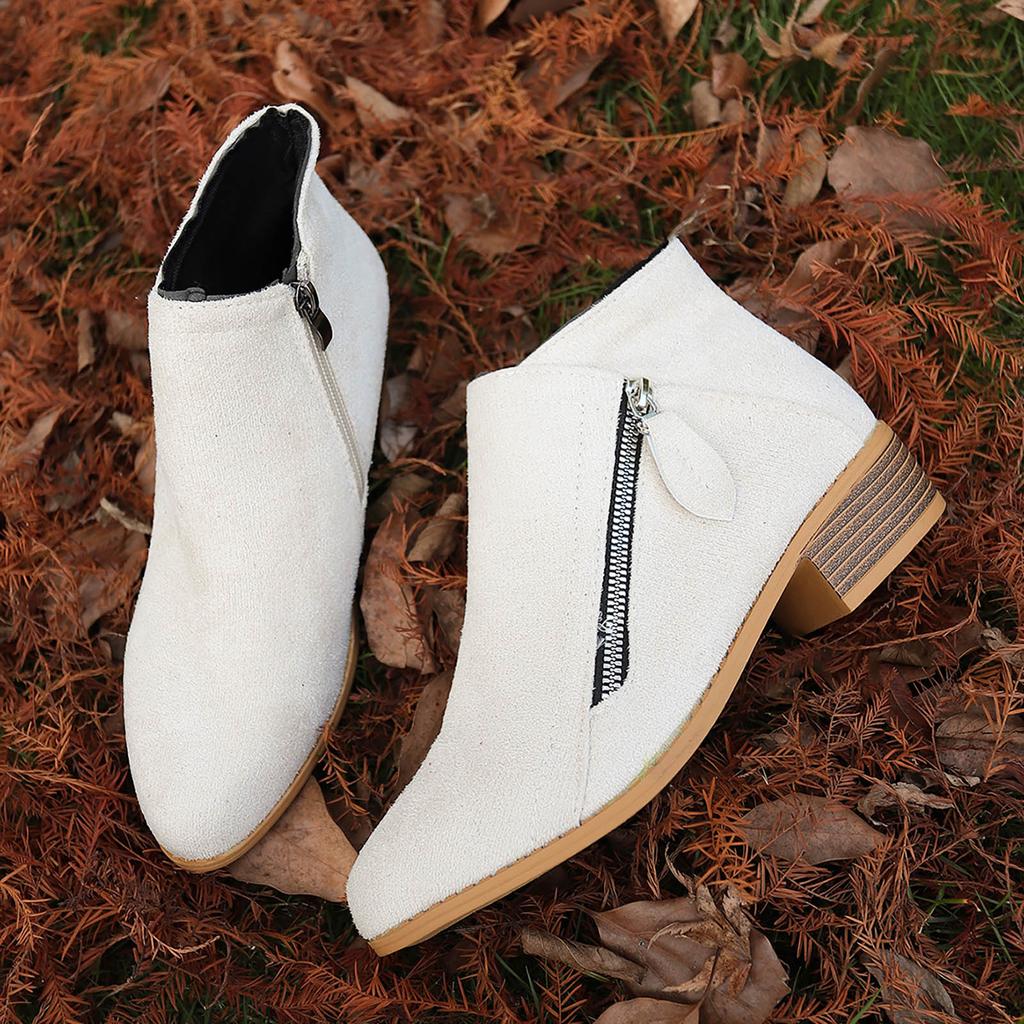 Mode för kvinnor Bekväma Mjuk Sula Ankelboots Utomhus Vardag Mocka Dragkedja Korta Ankelboots Stövlar för Kvinnor Hög Klack Bred